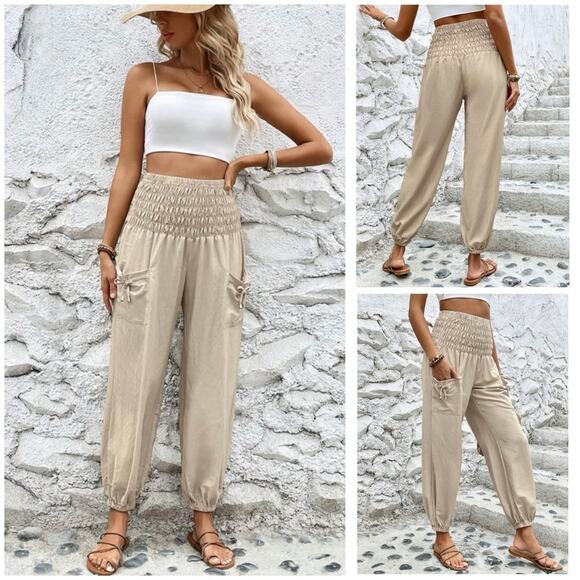 Boho Smocked High Waisted Dance Harem Pockets Joggers Yoga Pants Casual $19 - Picture 1 of 9